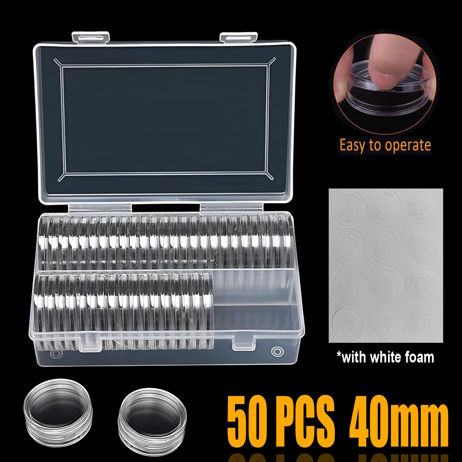 50Pcs 40mm Clear Coin Capsules Storage Holder White Gasket + Case Coin Container