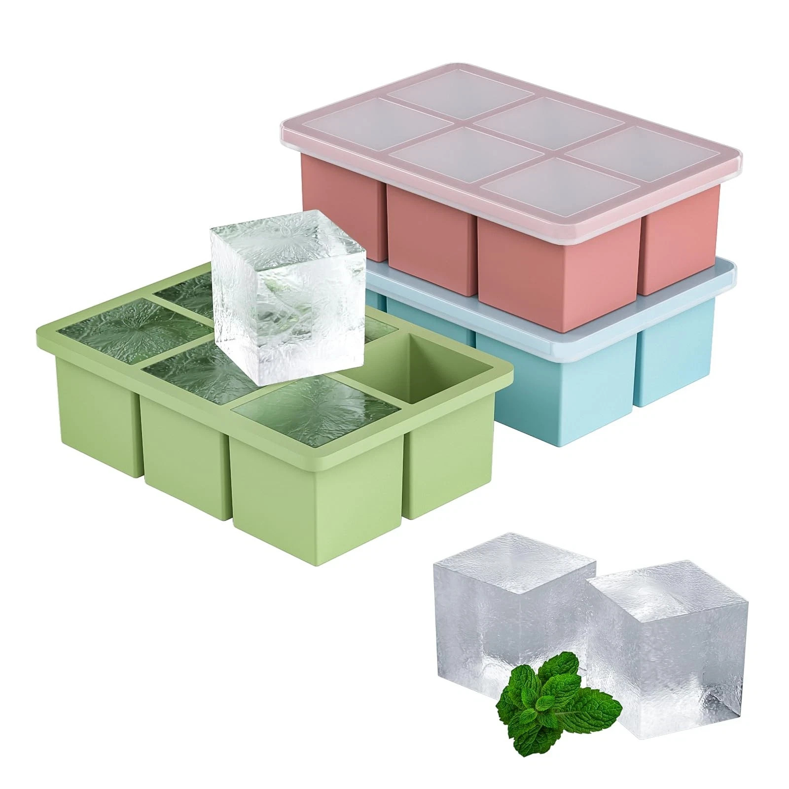 Large Ice Cube Tray for Whiskey 3 Pack, Big Silicone Square Ice Cube Mold wit...