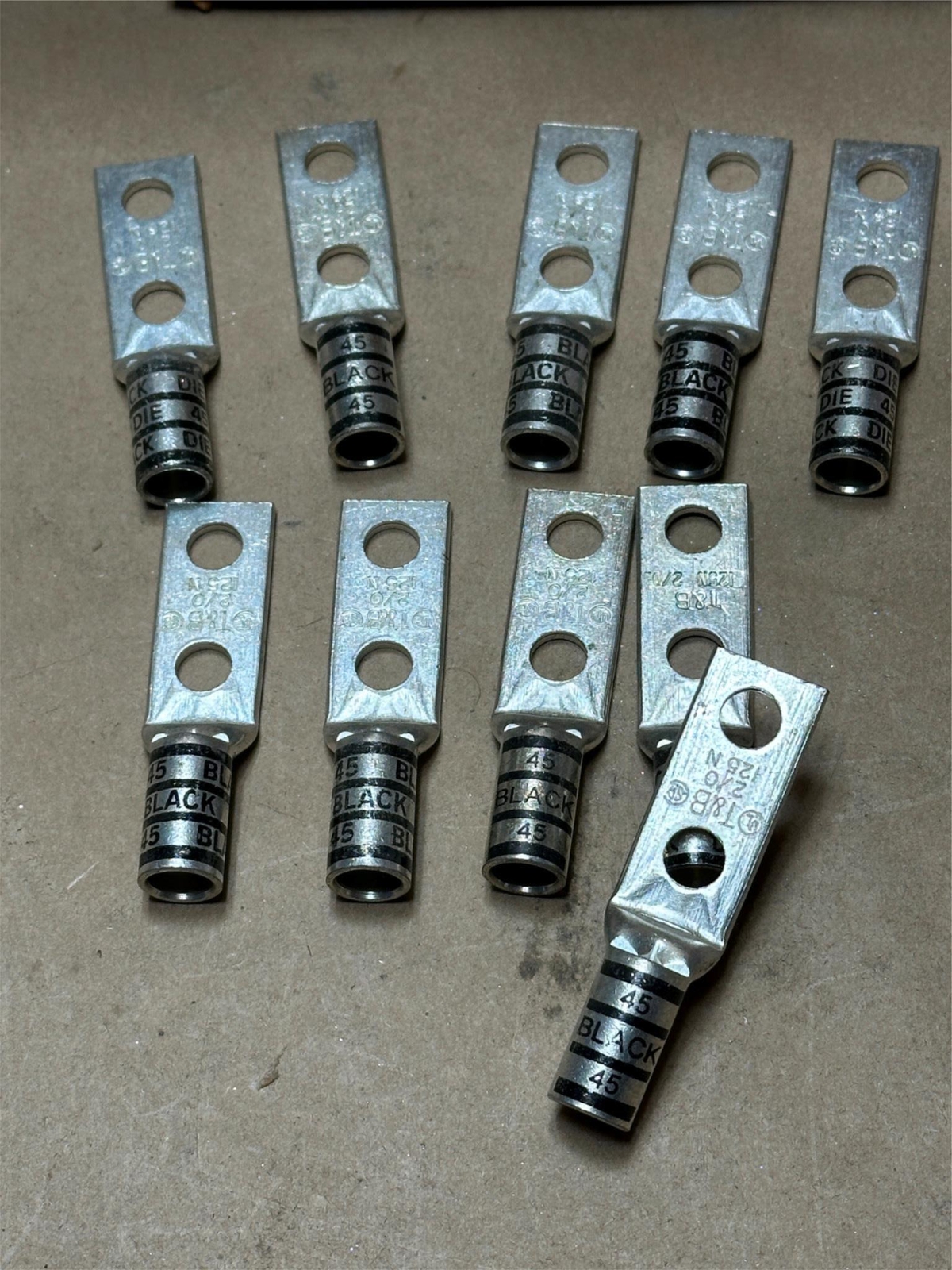 10Pack Crimp Terminal End Lug 2/0 AWG STR CU Wire 125N 3/8" 2 Hole Black Die 45