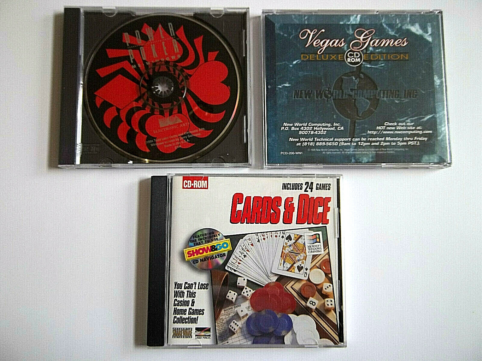 Lot 3 Vintage PC CD-ROM, Cards & Dice, Power Poker, Vegas Games Deluxe Edition