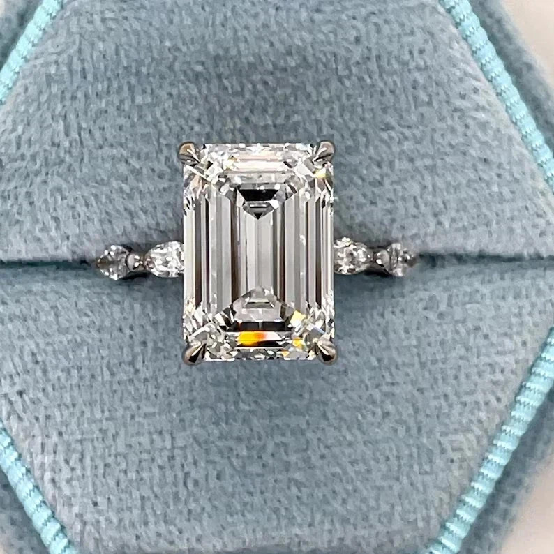 White Moissanite 3.90 Ct Emerald Cut Prong Engagement Ring 925 Sterling Silver