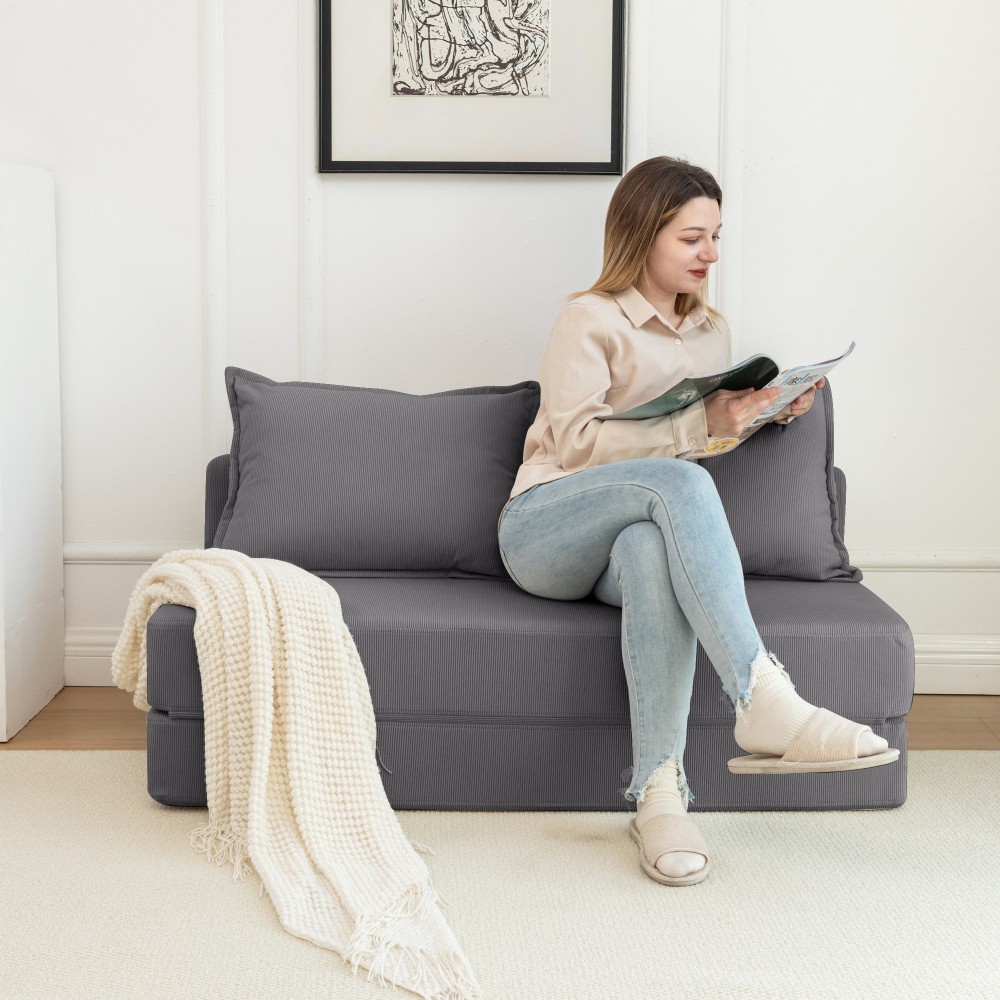 Foldable Sofa Bed Sleeper Lounge Chair Twin Gray Corduroy Mattress