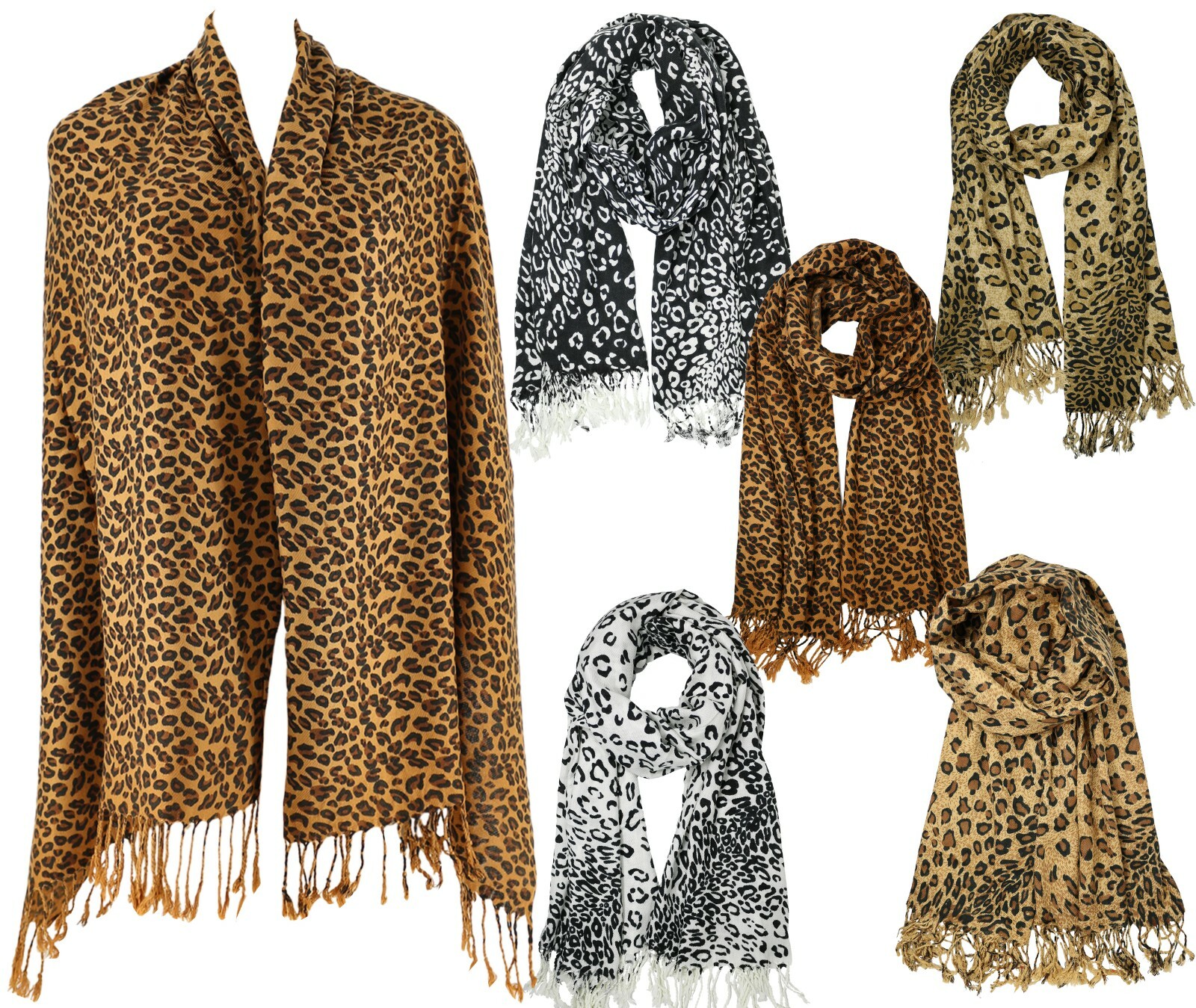 Women Leopard Print Classic Pashmina Scarf Wrap Large Animal Scarf with Tassel