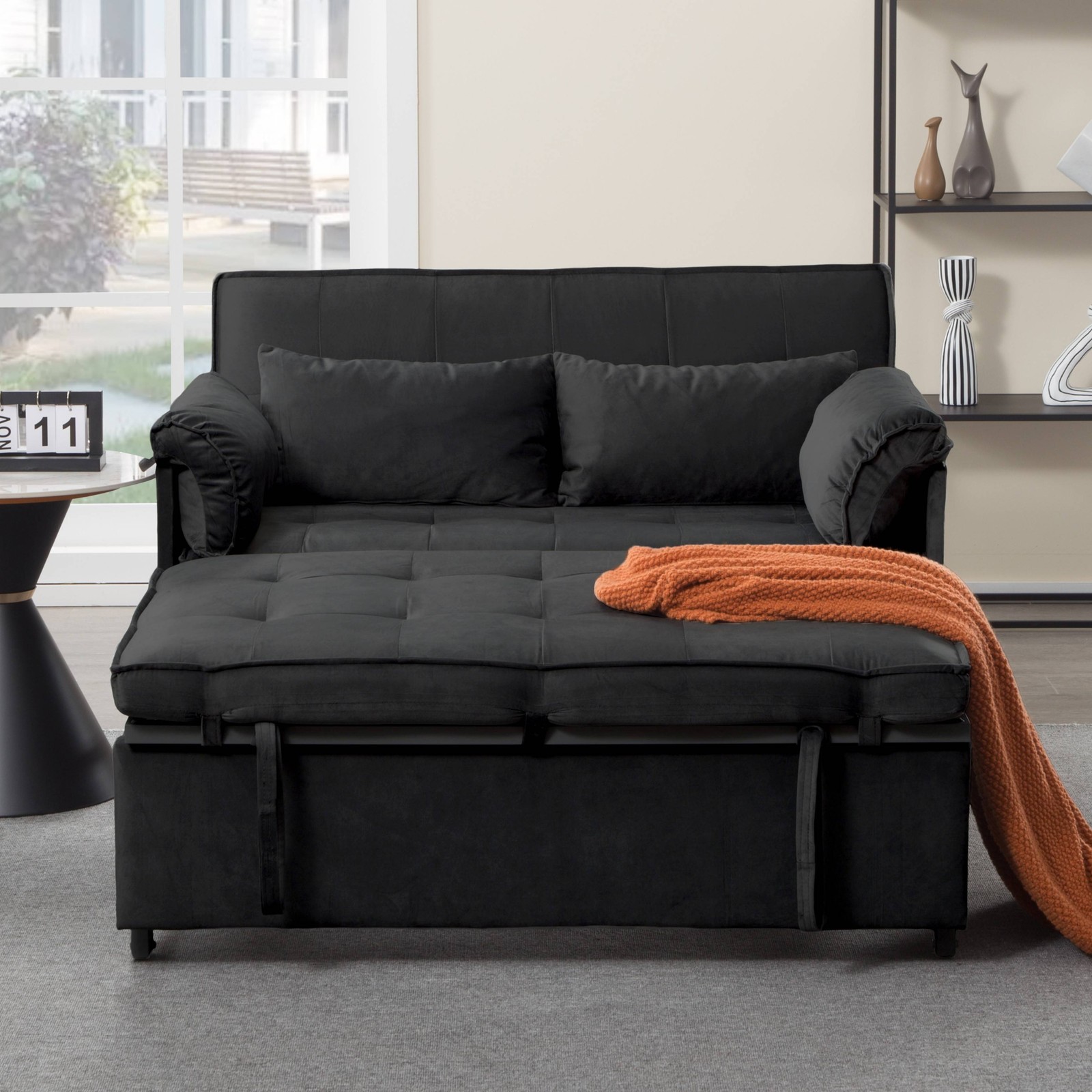 46" Velvet Sleeper Sofa Bed Twin Size Pull-Out Reclining Back 5 Angle Recline