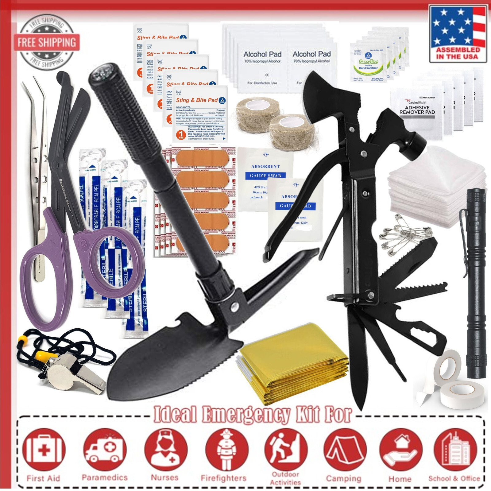 113x Outdoor Emergency Gear Survival Kit Camping Hiking Tactical Shovel & Hammer