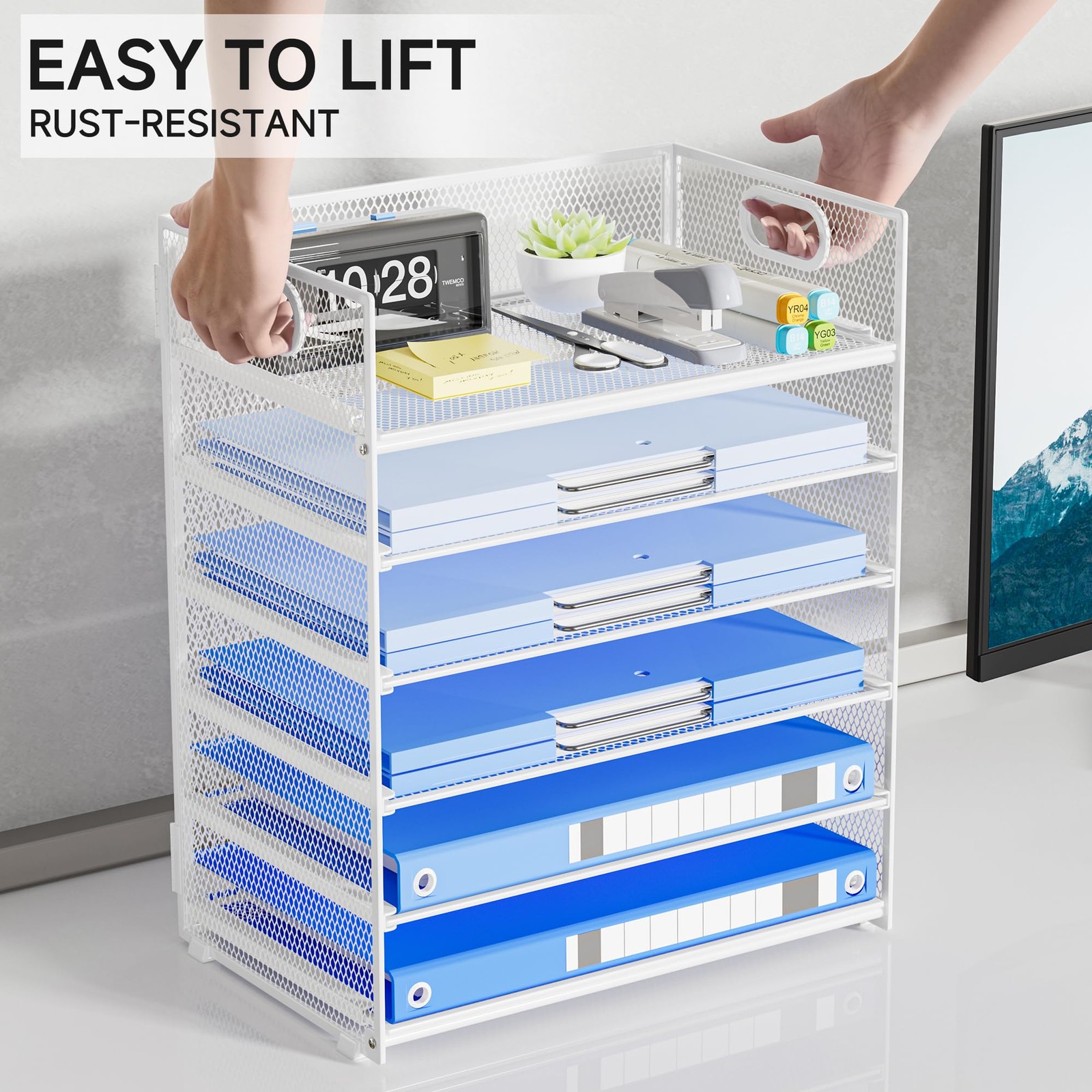6Tier Metal Mesh Desk Paper File Organizer Handle Stackable Letter Tray