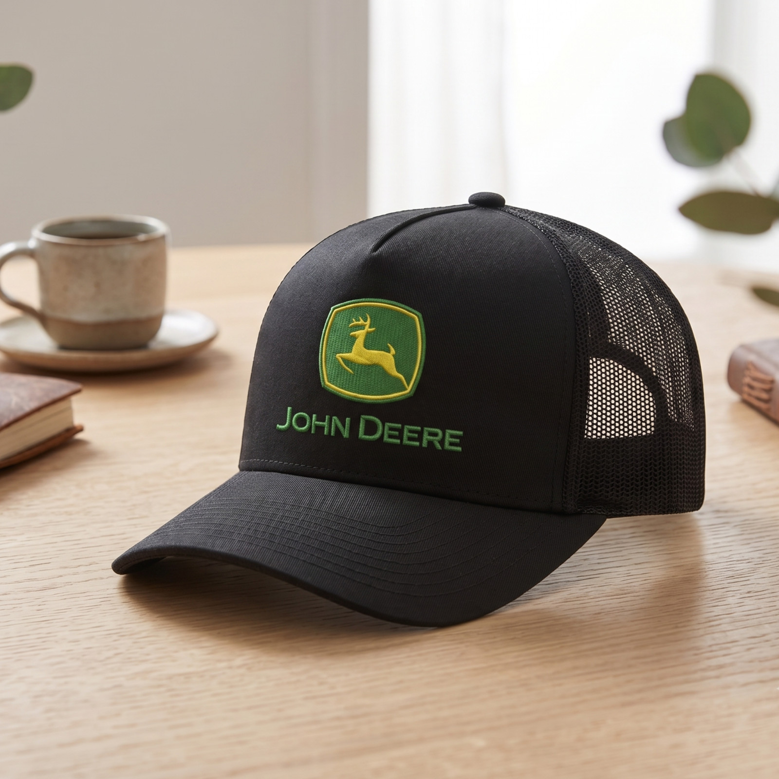 John Deere Logo Black Trucker Hat Direct Embroidery Mesh Cap Mens