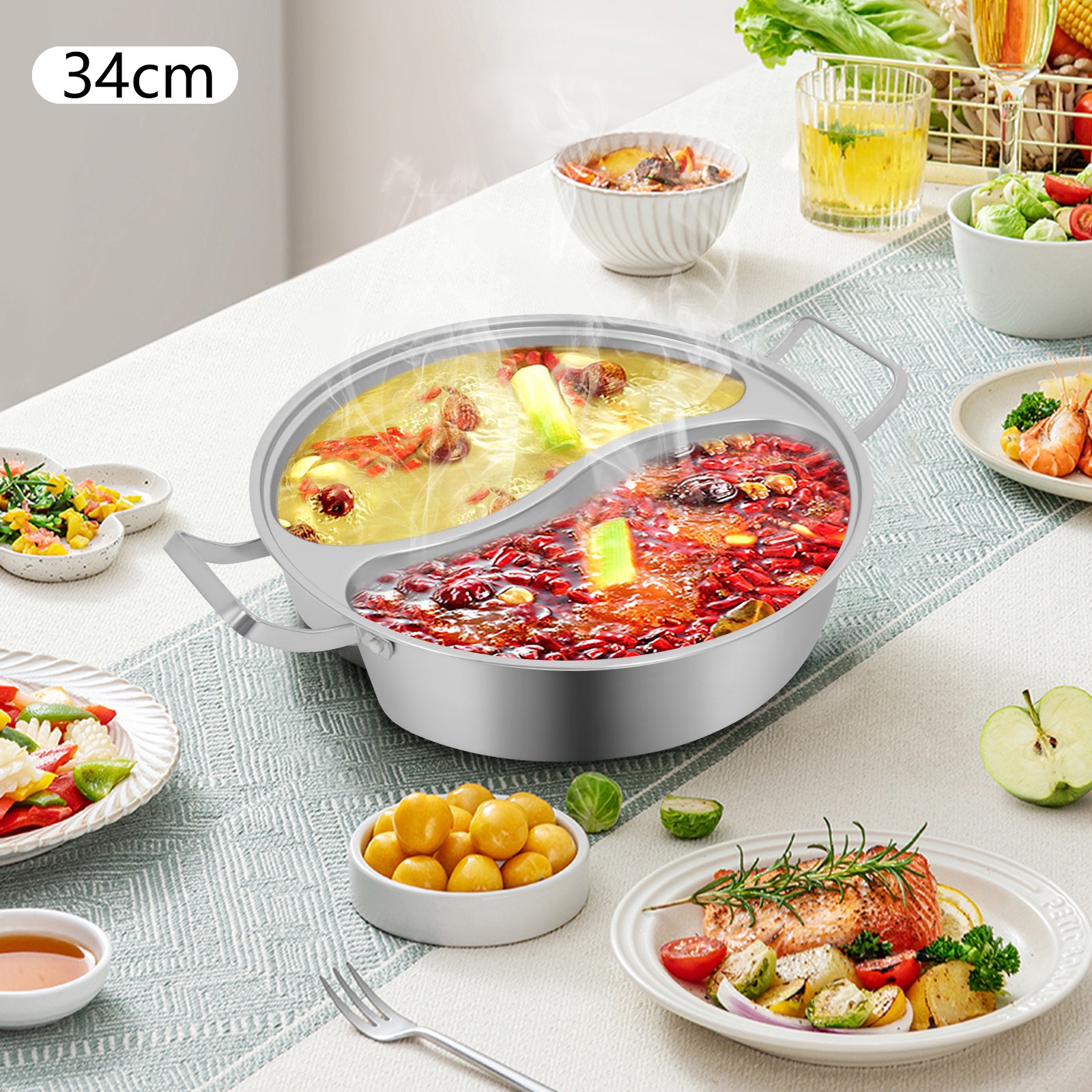 1.85Gal Double-flavor Hot Pot Stainless Steel With Lid For Family Gatherings