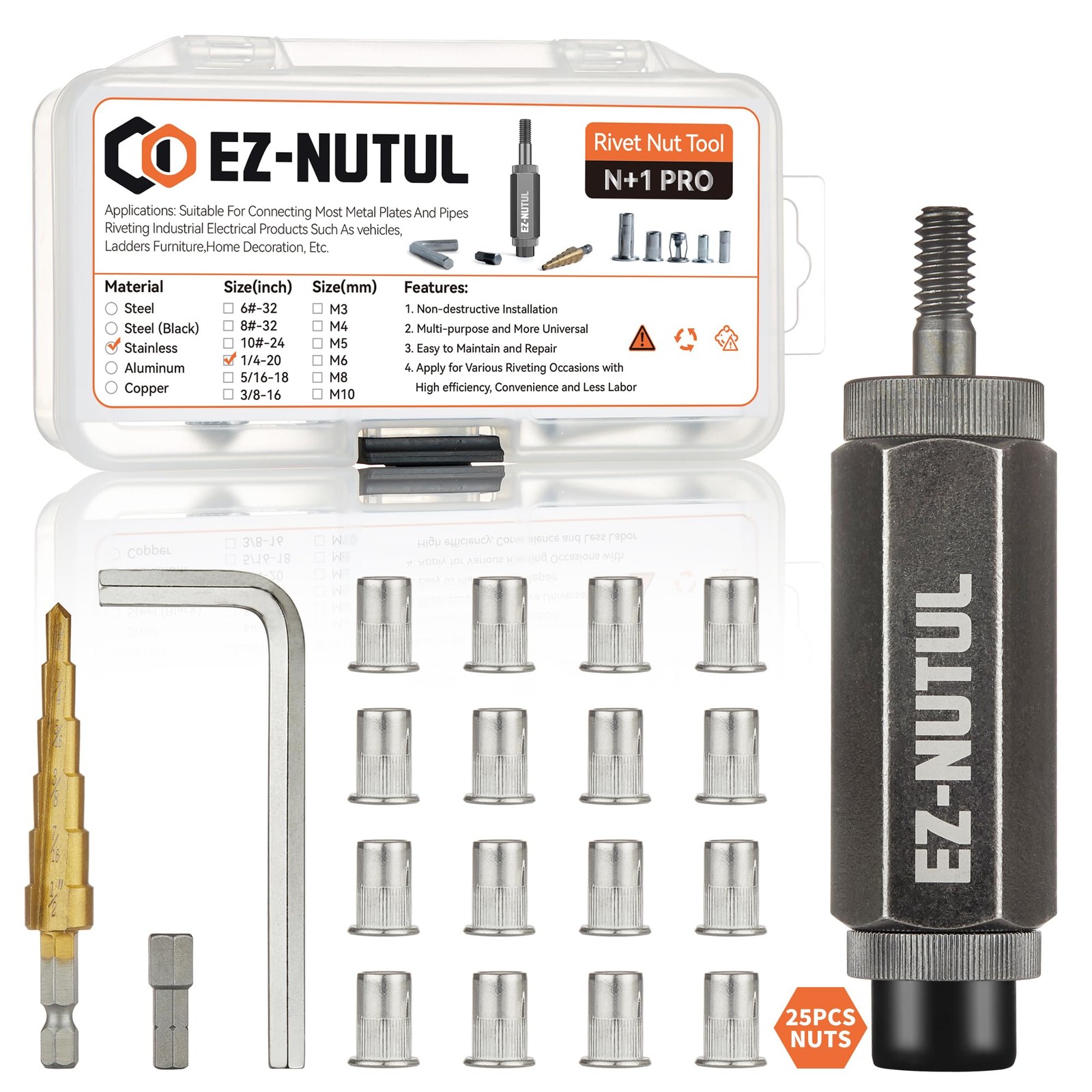 Rivet Nut Installation Tool Set Flat Head Rivnut Threaded 1/4"-20, silver