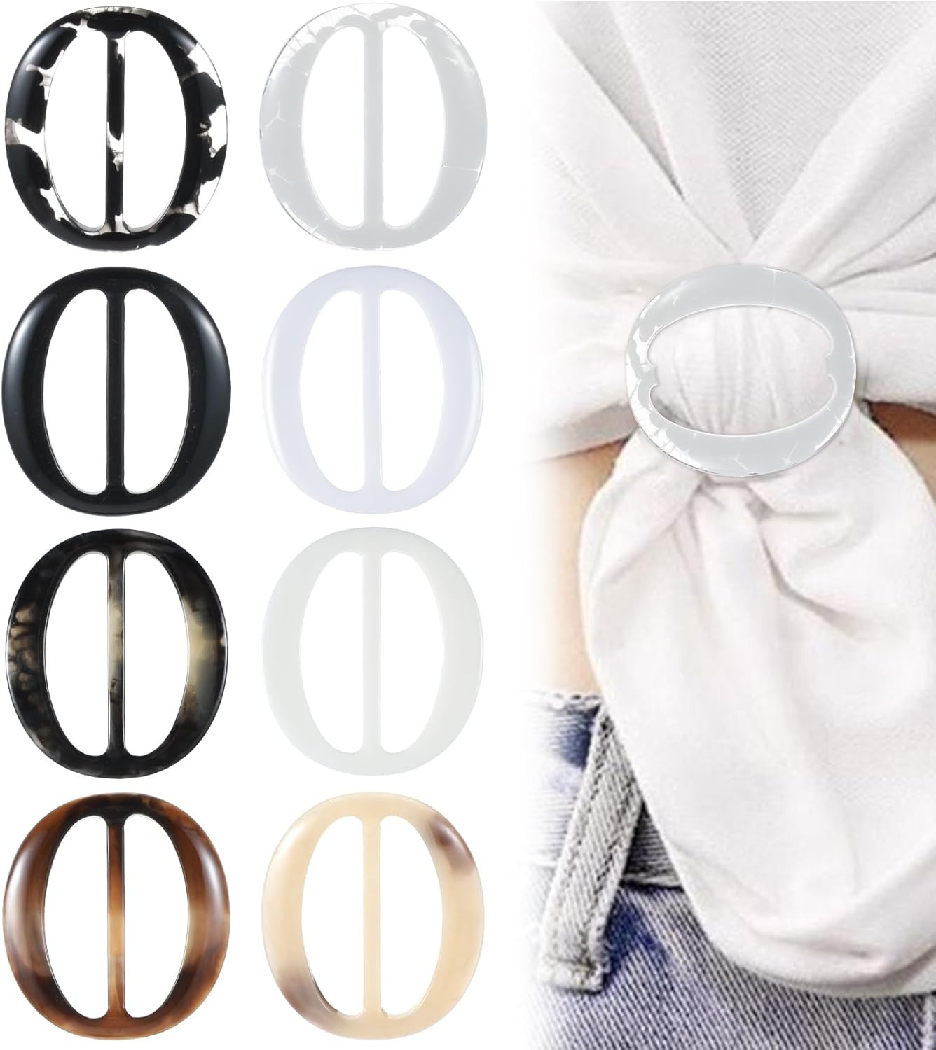 8PCS Crystal T-Shirt Tie Rings, Scarf Clips, Tee Shirt Buckles for Women & Girls