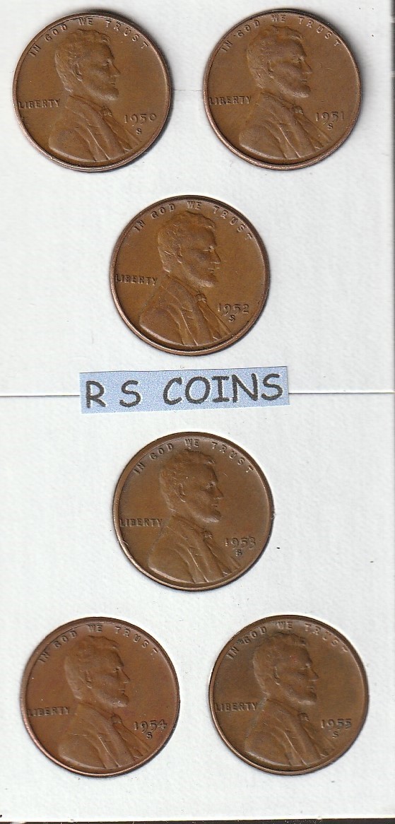 LINCOLN CENT SPECIAL ~ 1950S thru 1955S ~ SET of 6 S mint coins @$1.99