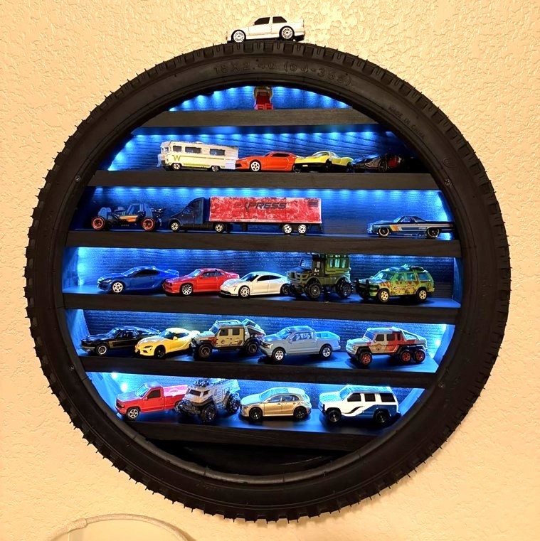 Car Display Case Tire LED Light Matchbox Hot 1/64 Model Diecast Wheels Cabinet