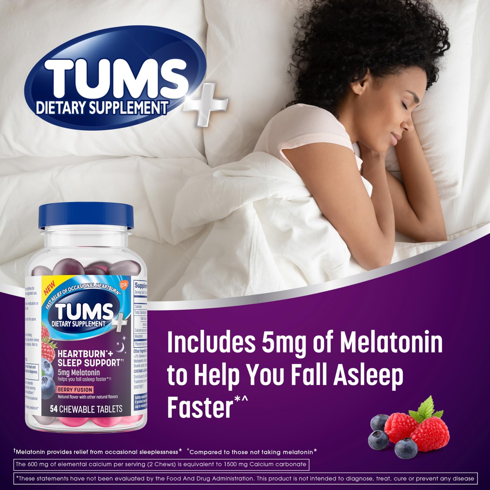 TUMS Heartburn Plus Sleep Support Chewable Dietary Assorted Flavour