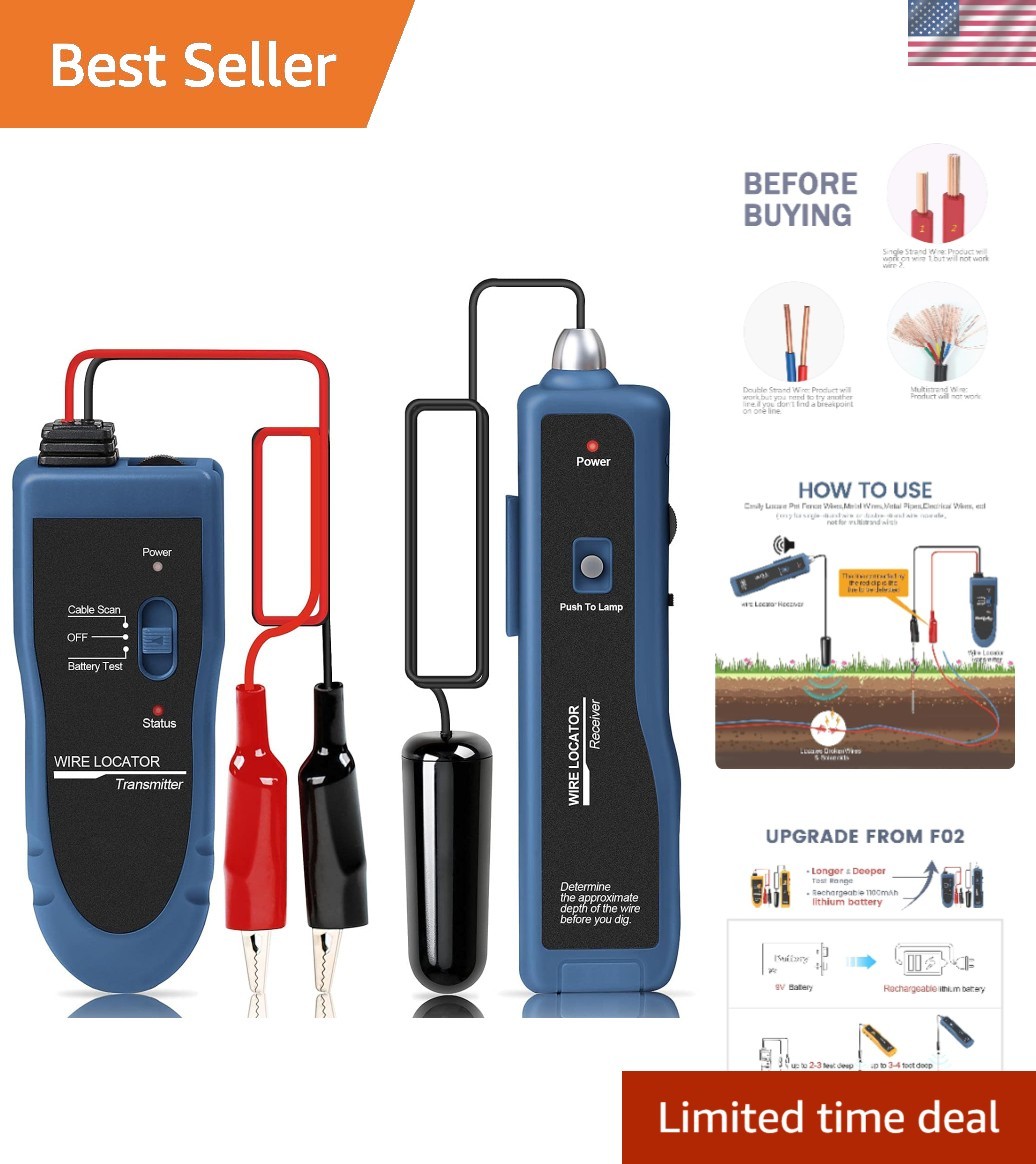 Precise Wire Tracer with 4 ft Depth and 2000 ft Range - Battery Powered Device