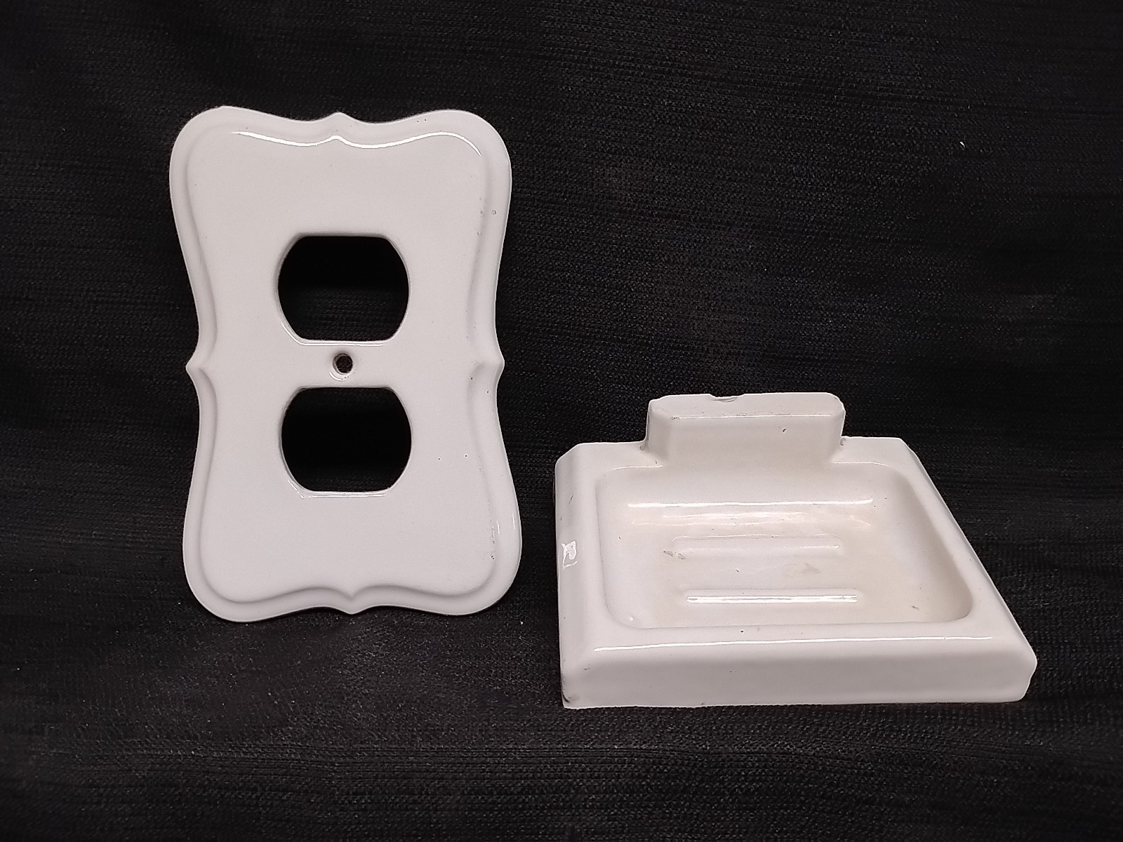 Antique White Porcelain Soap Dish and Outlet cover lot of 2