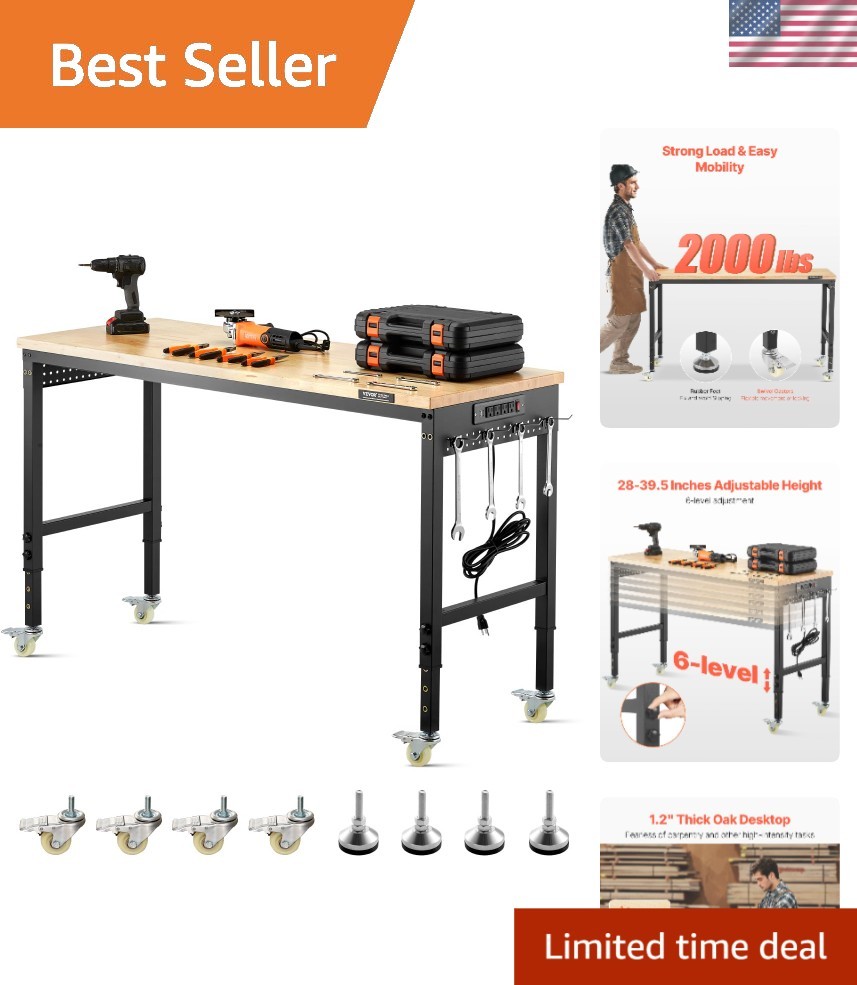 60-Inch Adjustable Workbench with Power Outlet & Wheels - 2000 lbs Heavy Duty