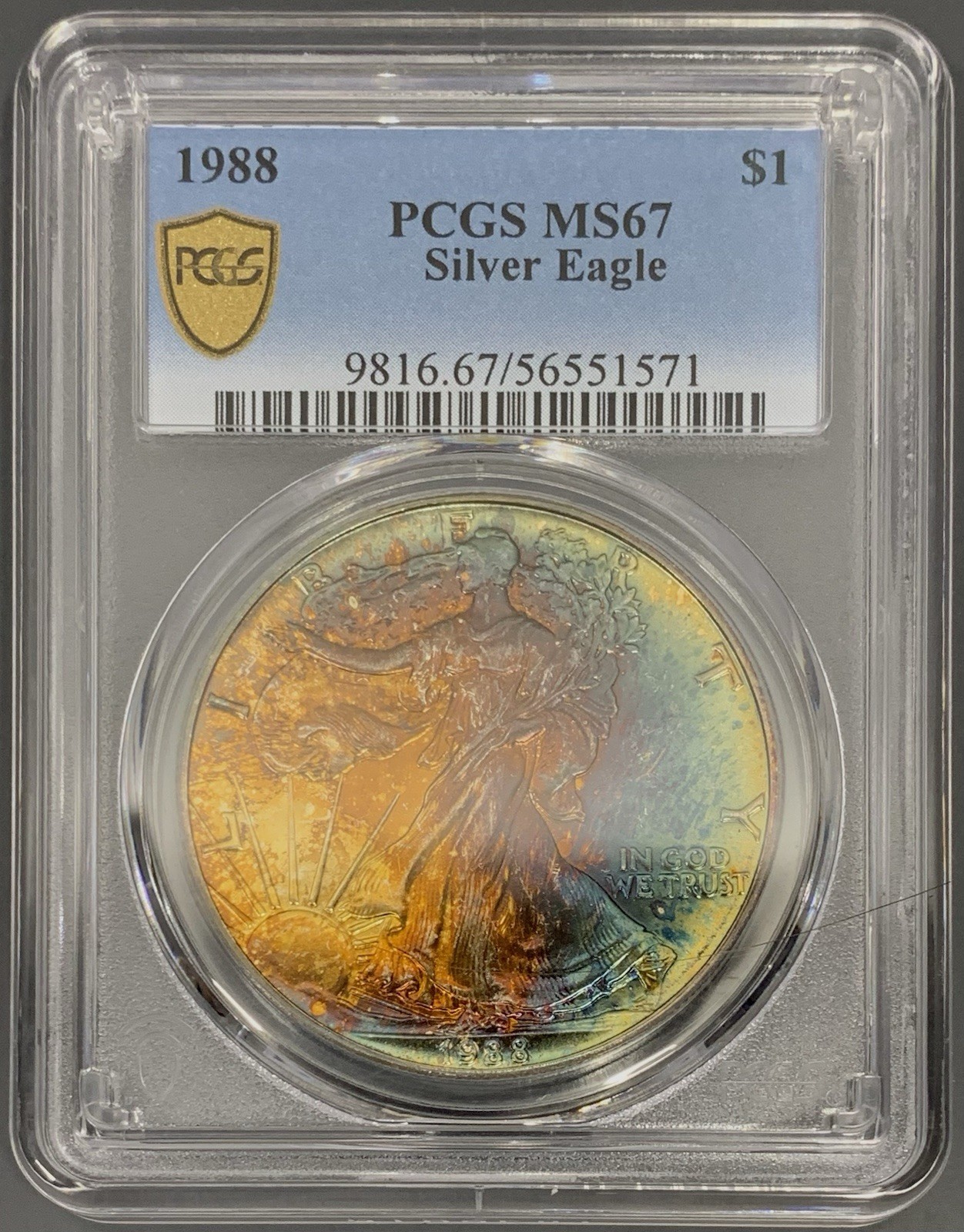 1988 PCGS MS67 American Silver Eagle Dollar $1 - Colorful Toned