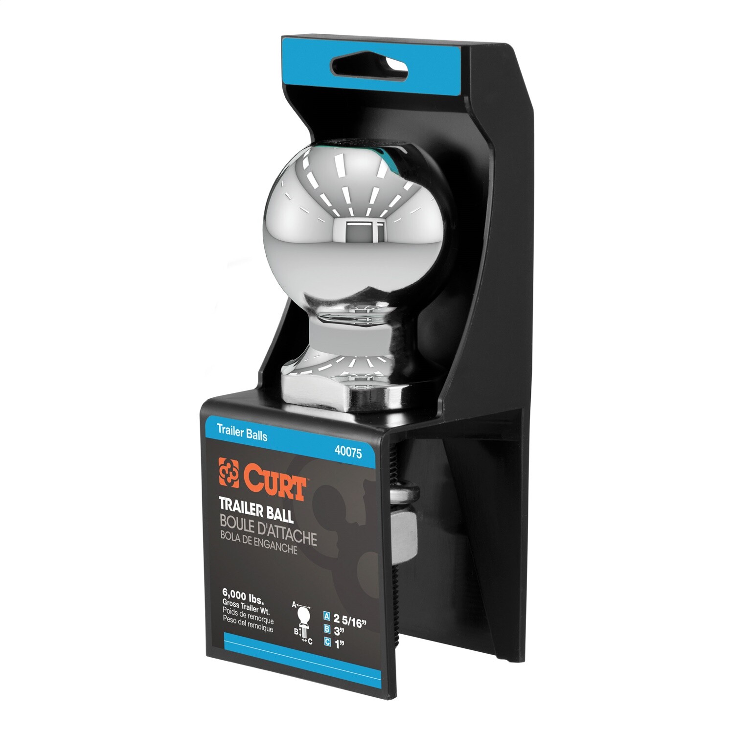 CURT 40075 2-5/16" Trailer Ball (1" x 3" Shank, 6,000 lbs., Chrome, Packaged)