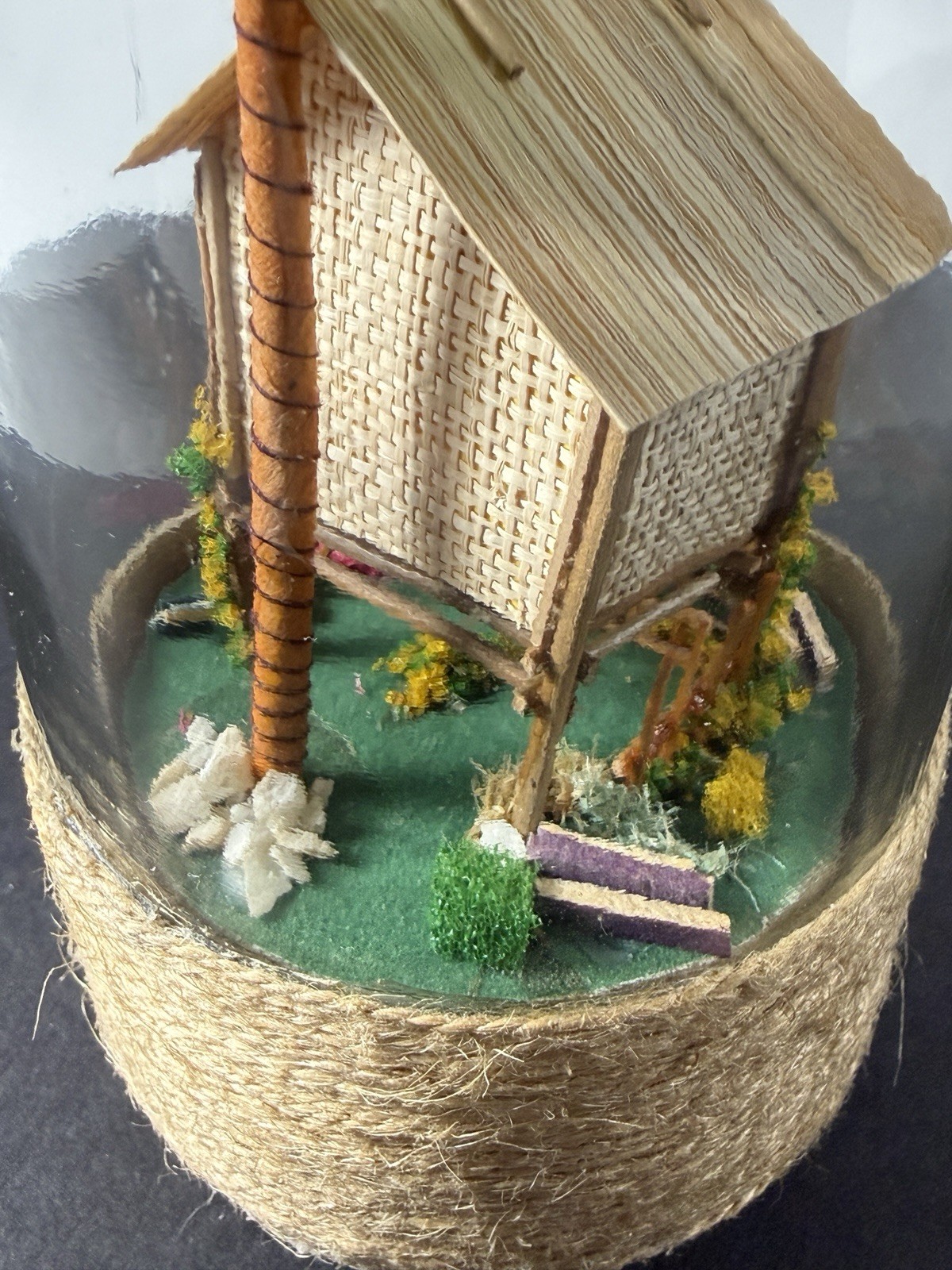 Vintage Handmade Philippines Diorama in Glass Bottle Detailed Tropical Hut Scene