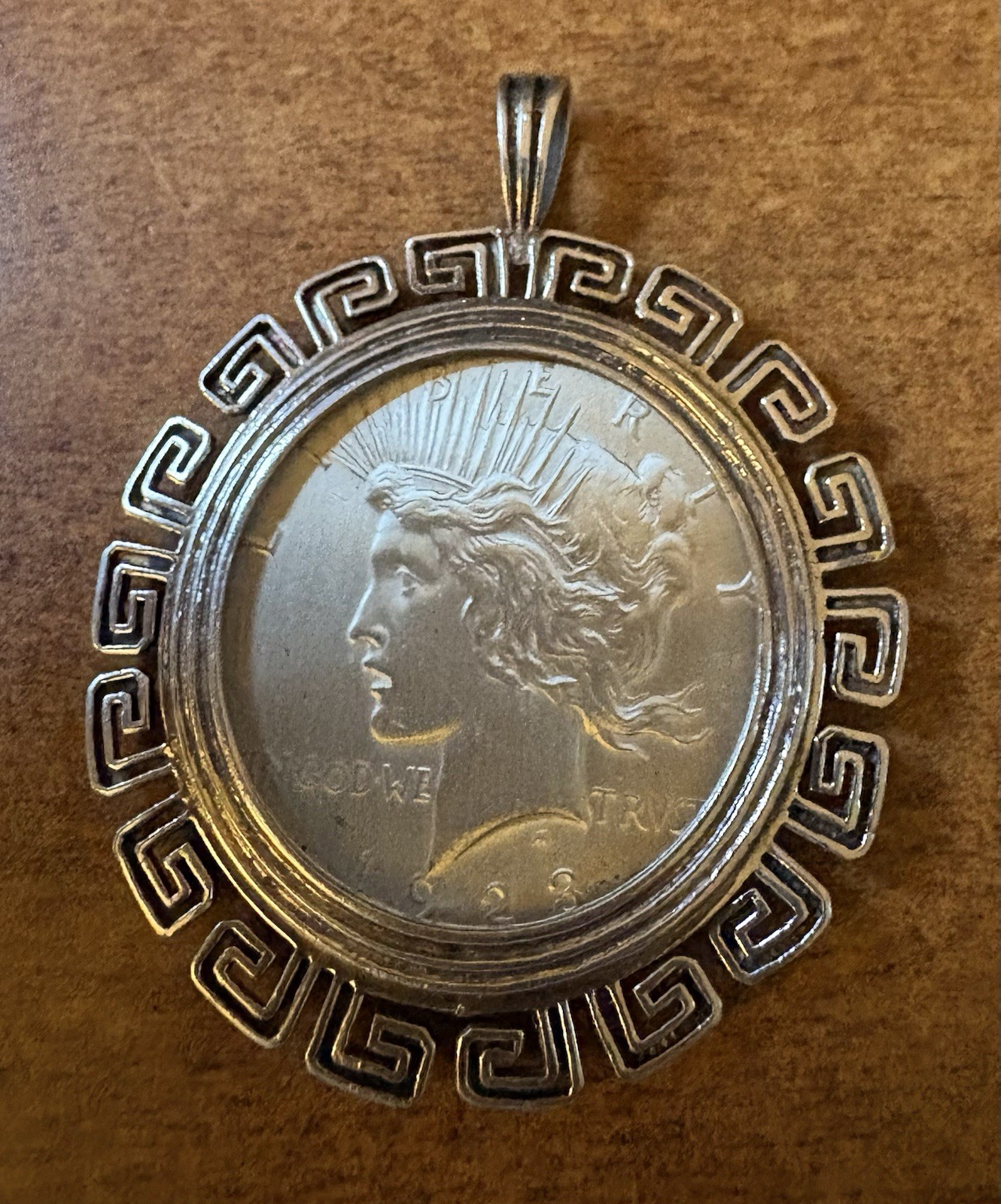 1923 PEACE Silver Dollar Coin PENDANT Greek Key Mounting &Bale All STERLING!!