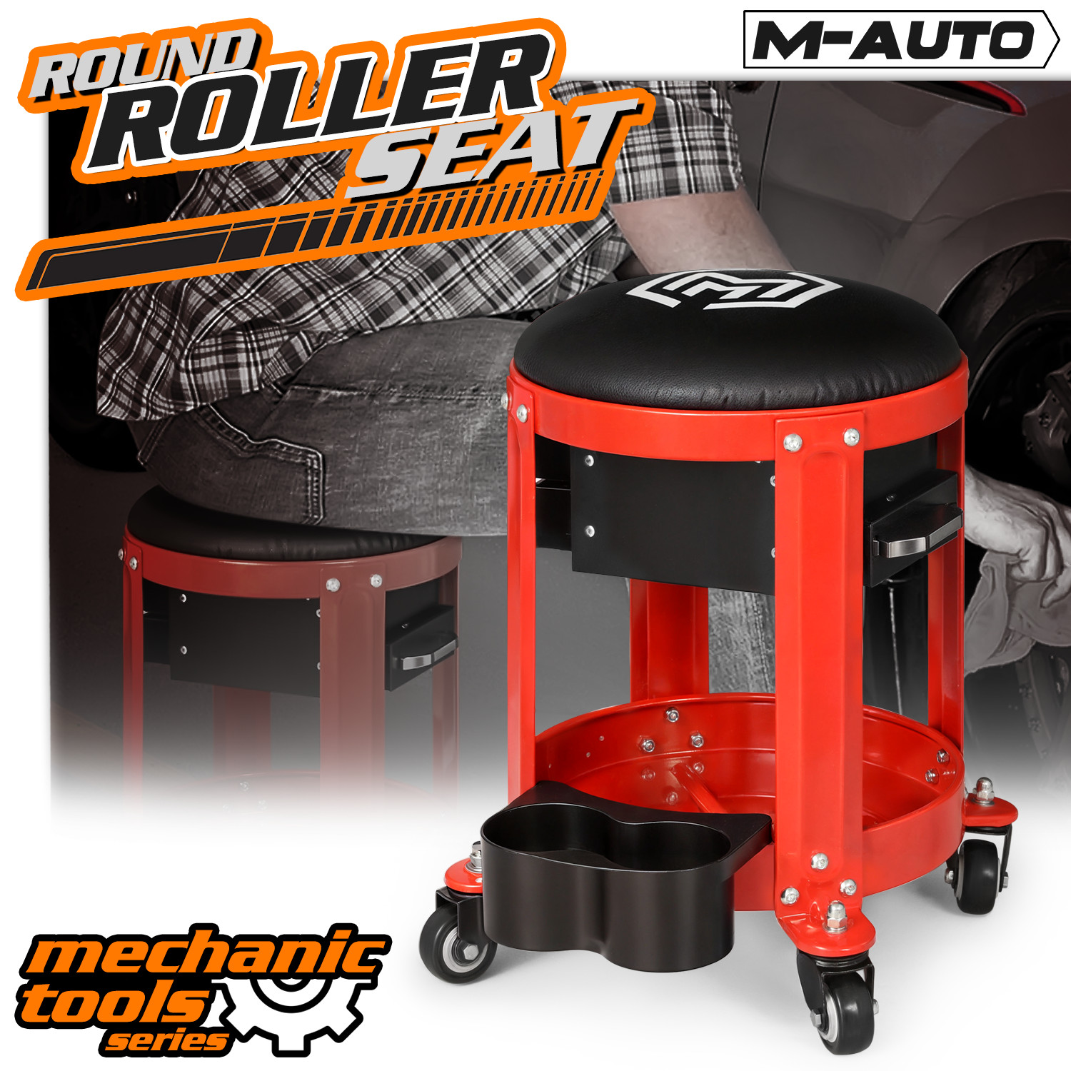 [2 DRAWERS+TOOL HOLDER]Work Stool Rolling Mechanic Automotive Repair Padded Seat