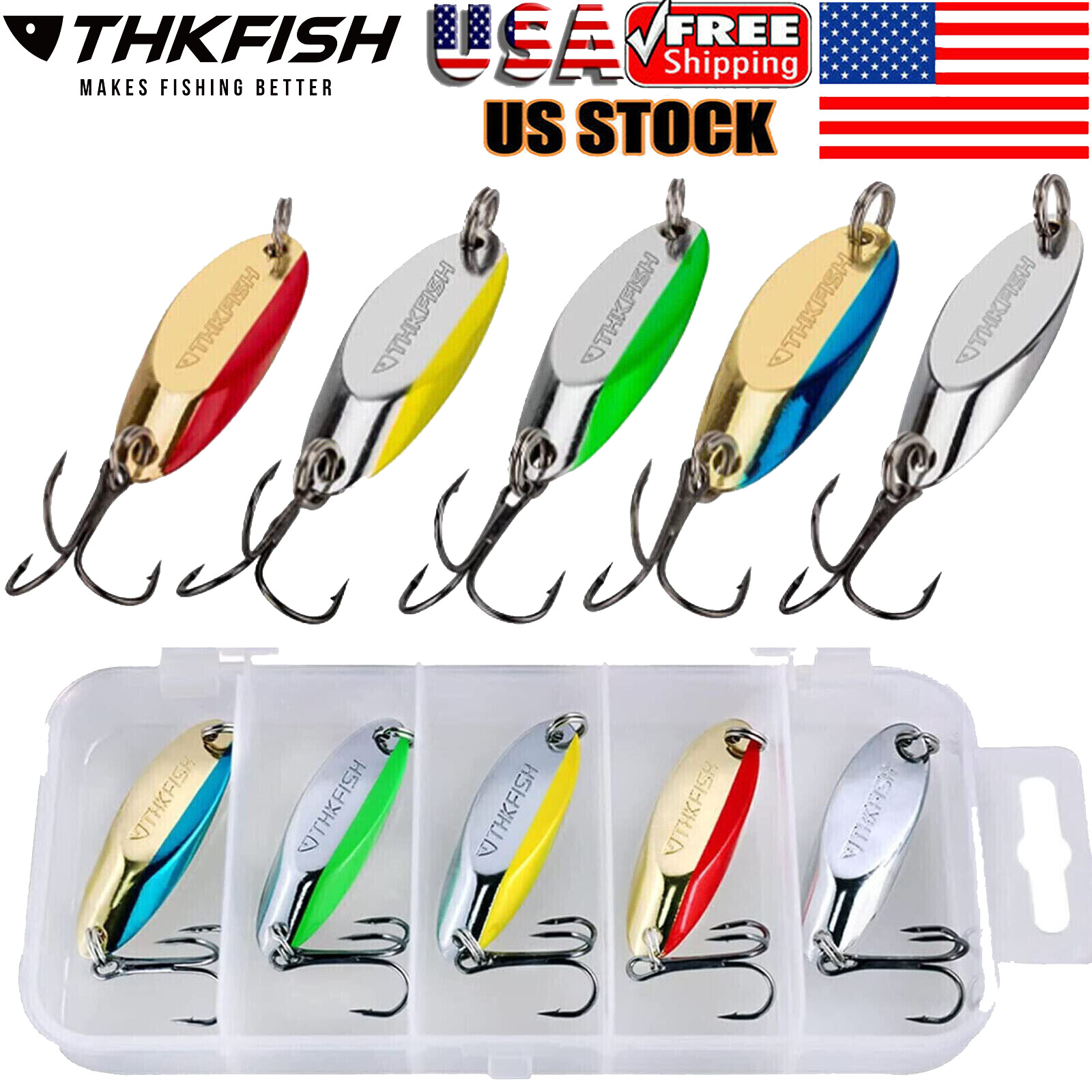 THKFISH 5Pcs Fishing Spoons Lures Hard Metal Fishing Hook Bait Lures with Box US