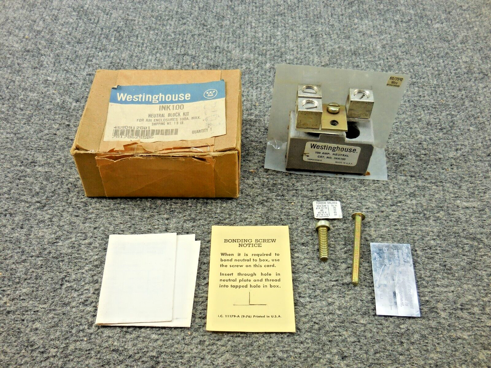 Unused Westinghouse INK100 Neutral Block Kit for ABI Enclosures 459D912G01