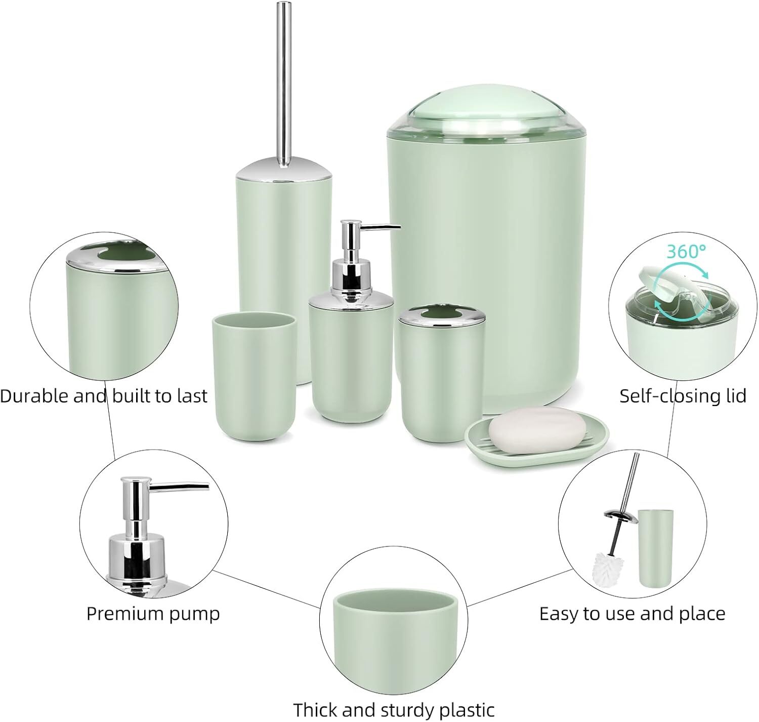 Bathroom Accessory Set, Green Bathroom Set, Bathroom Accessory 7 Piece Set