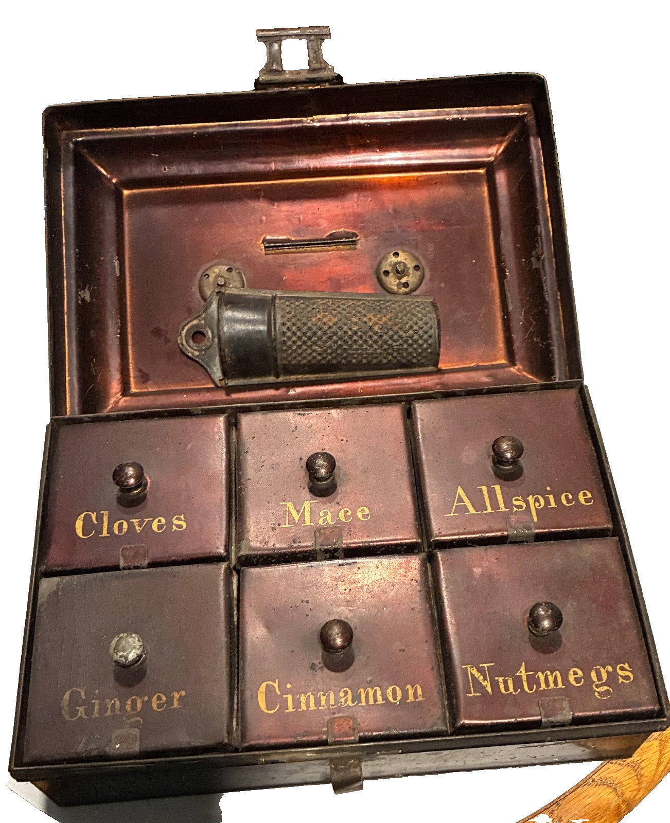 Antique Metal Spice Box With 6 Containers 1800-1900’s