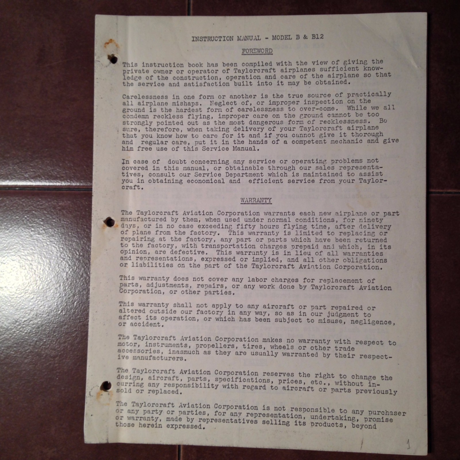 Taylorcraft Model B & Model B12 Instruction Manual
