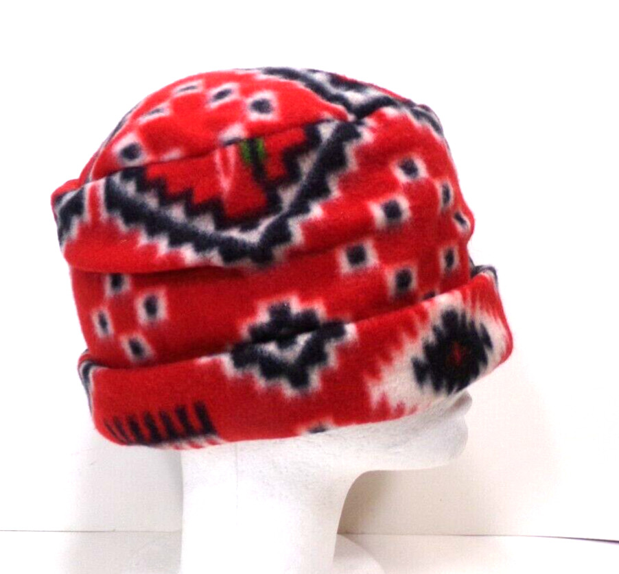 RED  SOUTHWEST       FLEECE ROLLED BRIM WINTER HAT STRETCHY WARM  h88cr