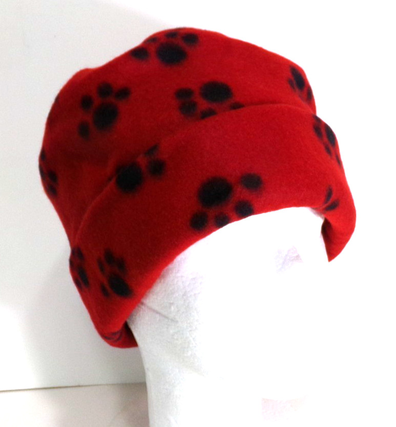 RED DOG PAWS FLEECE ROLLED BRIM WINTER HAT THERMAL STRETCHY WARM h88cr