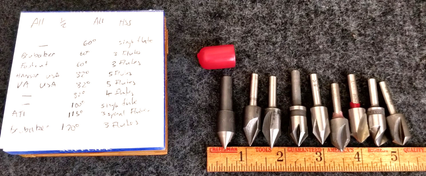 SET of 9 ~ 1/2" countersinks in assorted angles and flutes