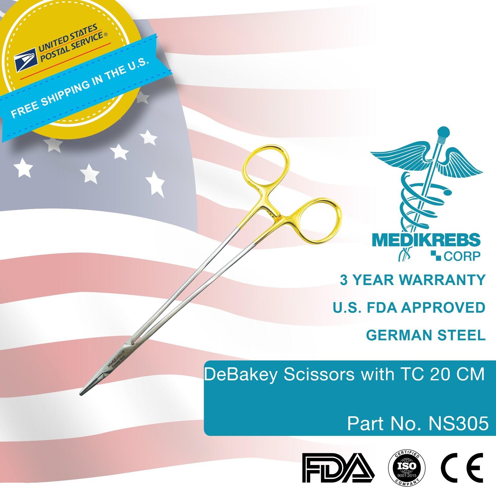 DEBakey Needle Holder w/ Tungsten Carbide 20 cm OR Grade German Steel Free Ship