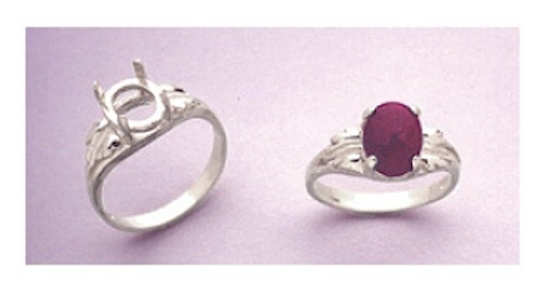 11x9mm Oval Cabochon Sterling Silver Leaf Pre-Notched Ring Setting (Size 5-8)