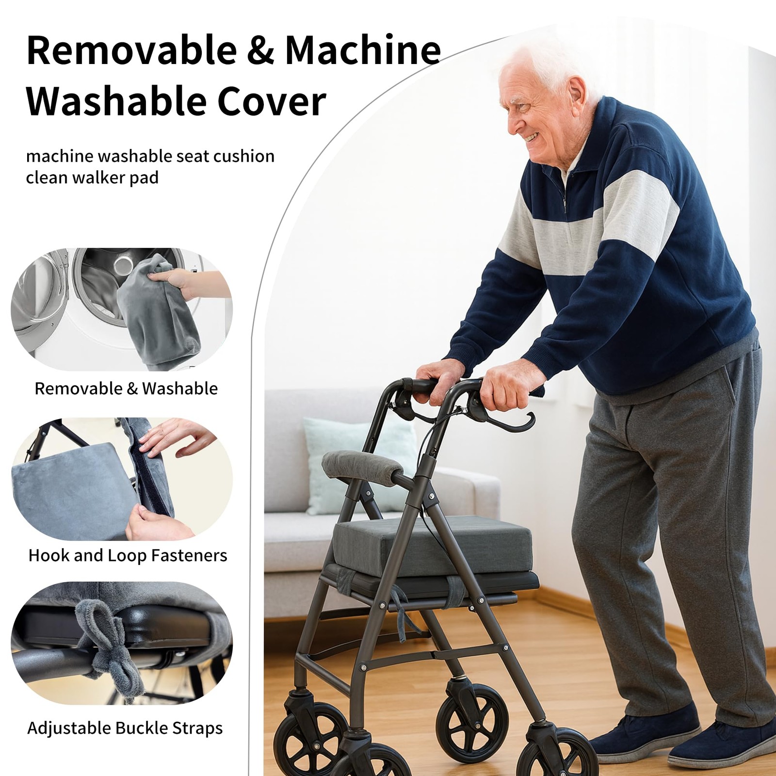 Walker Seat Cushion for Seniors – Memory Foam Rollator Accessory with Backres...