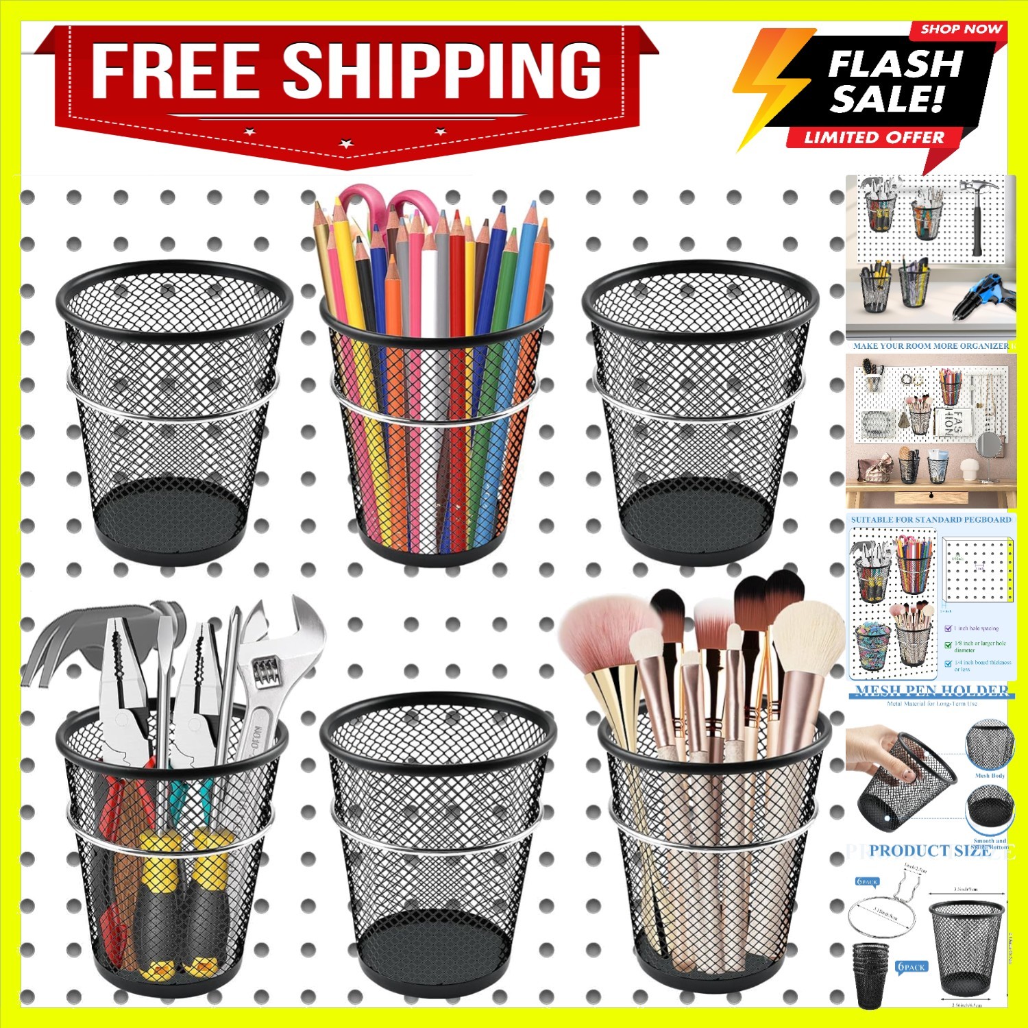 6 Sets Pegboard Cups with Ring, Metal Pegboard Bin with Hooks, Black Multipur...