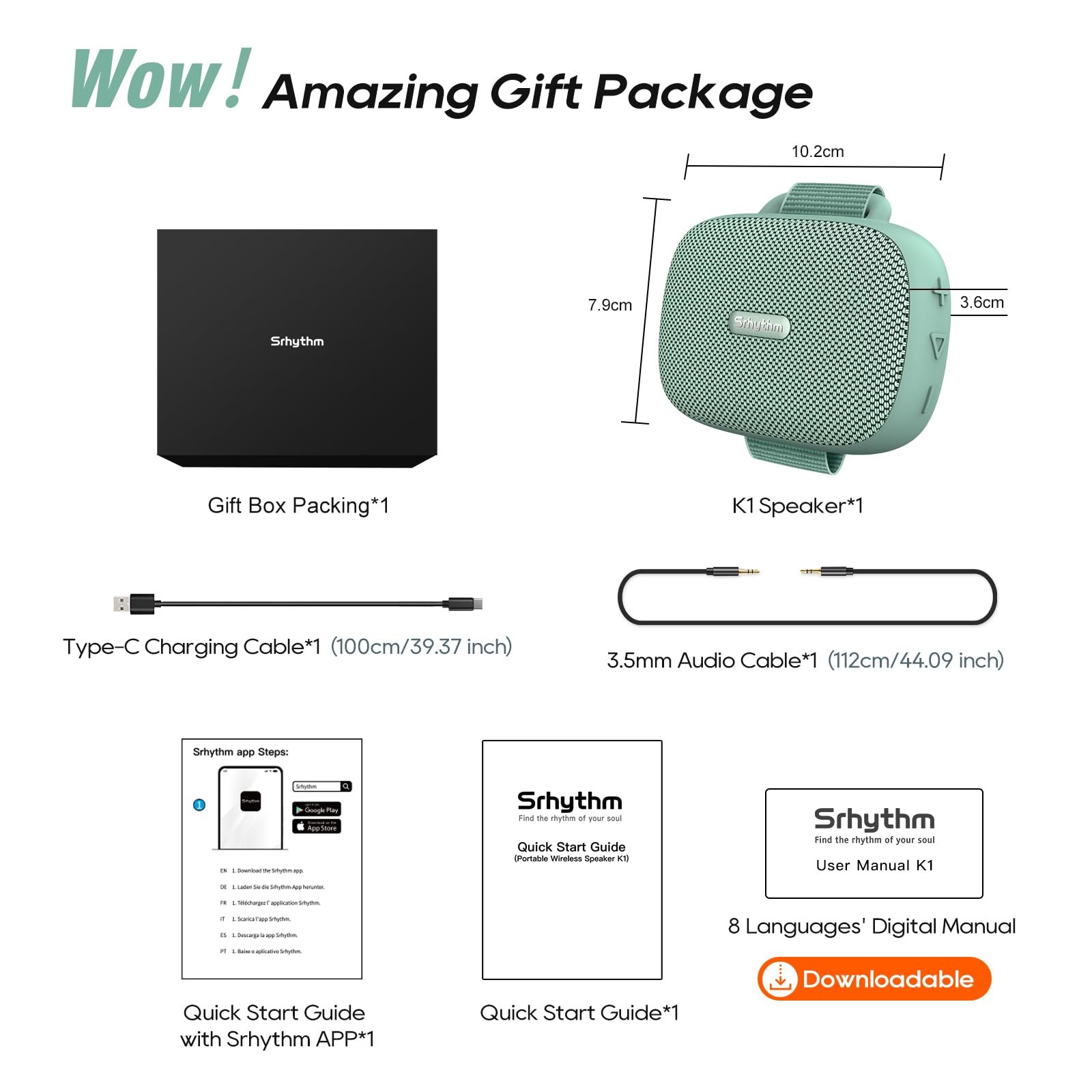 Srhythm K1 Portable Wireless Speaker with App 6 Customizable EQ Mint Green