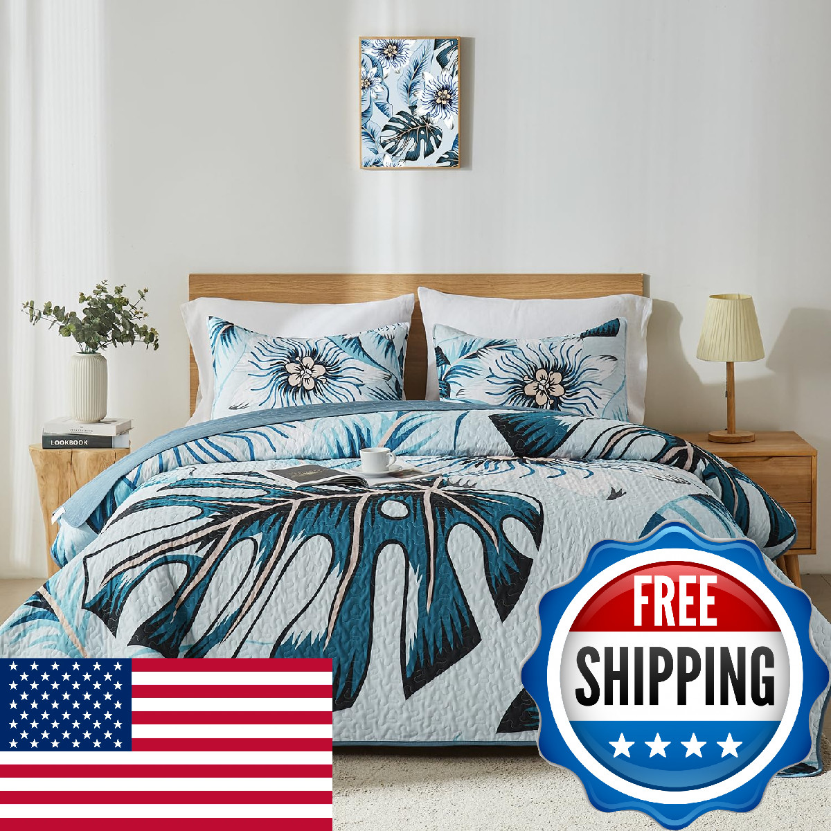 Yogeneg Queen Quilt Bedding Set,White Green Botanical Pattern Light Blue Full/Qu