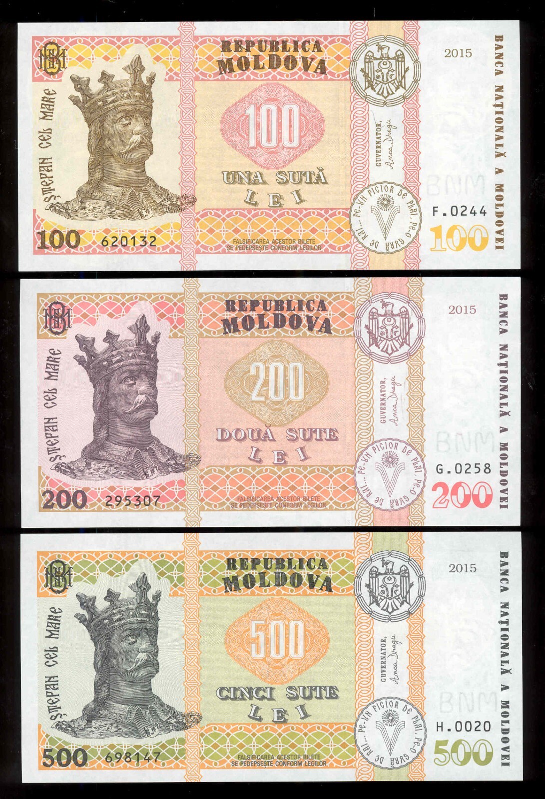 Moldova 2024 (2015) 100 lei P-25(3) + 200 lei P-26(3) + 500 lei  P-27(3)  GemUNC