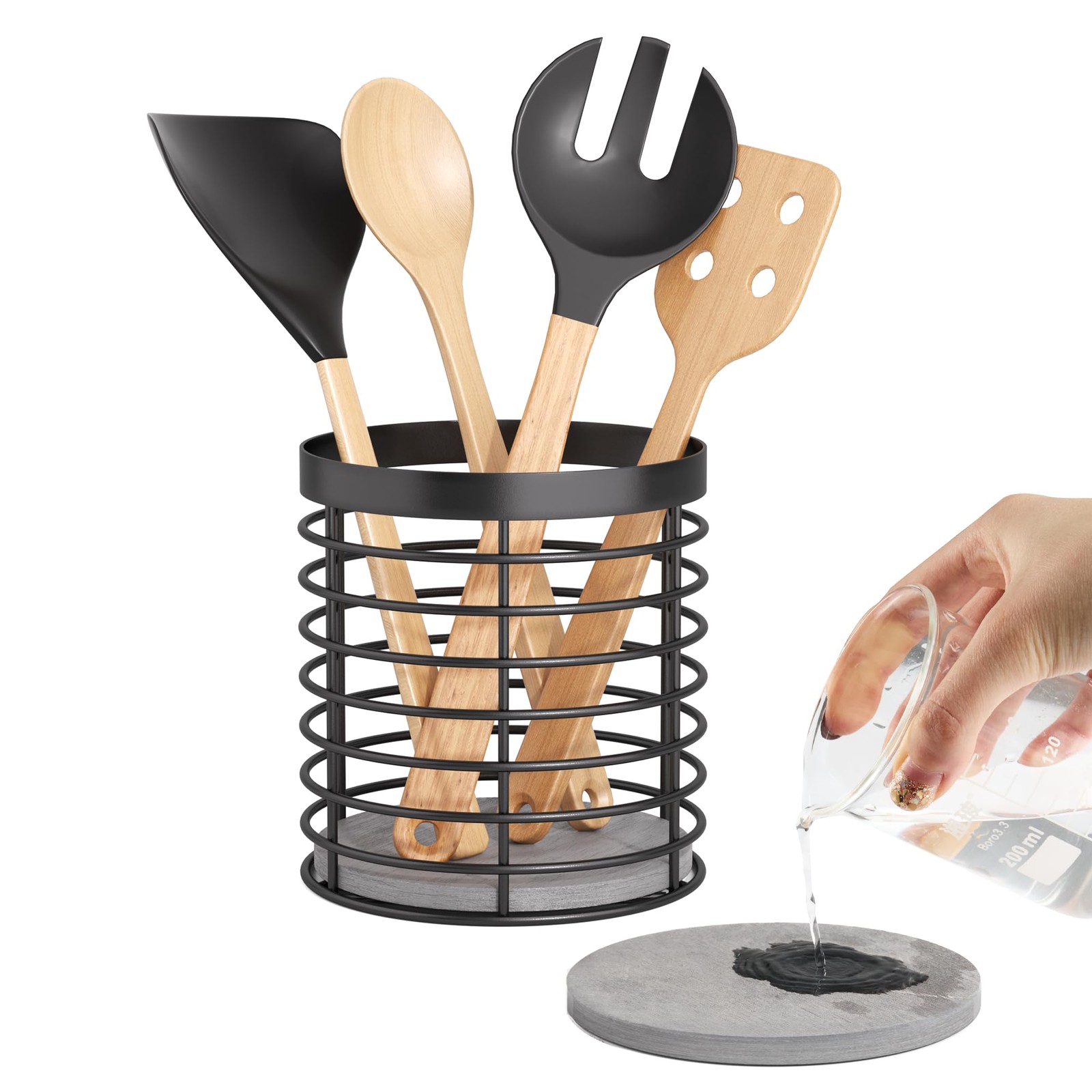 Utensil holder - Large Round Utensils Holder with Diatomaceous Base Matte Bla...