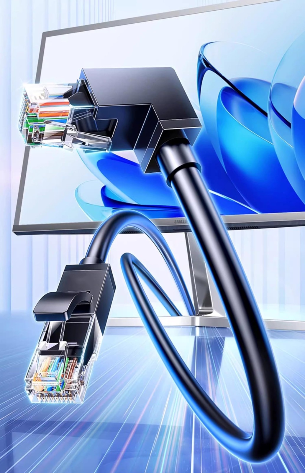 CAT6A Ethernet Cable 90 Degree Right Angle RJ45 SFTP Shielded Patch Cord 2 PCS