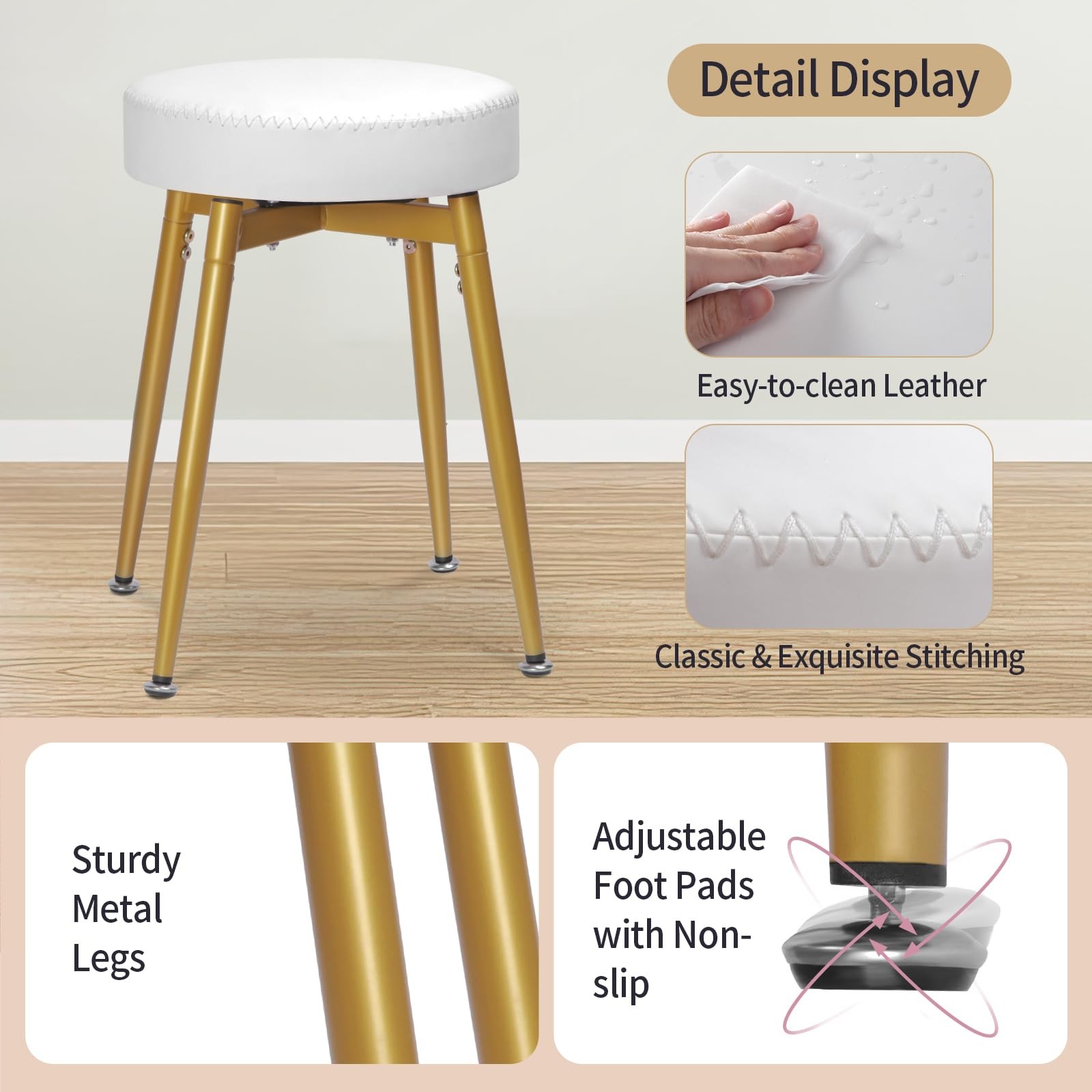 White Gold 360 Swivel Vanity Stool Round Faux Leather Ottoman Metal Legs