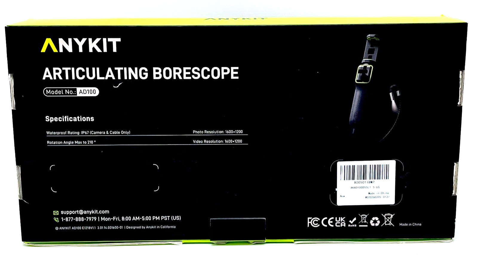 Anykit AD100 Articulating Borescope Adjustable LED Lights 0.26 Inch