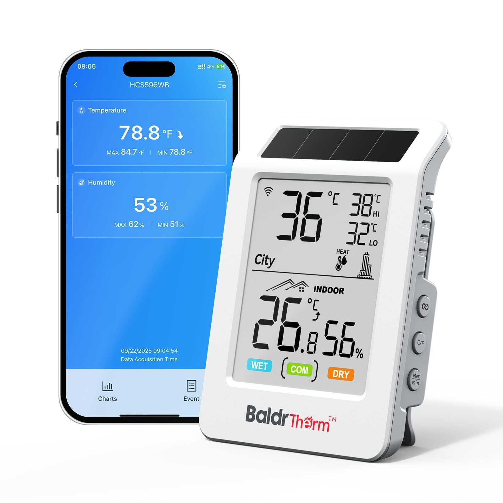 BaldrTherm WiFi Bluetooth Thermometer Hygrometer, Solar Boost, Remote...