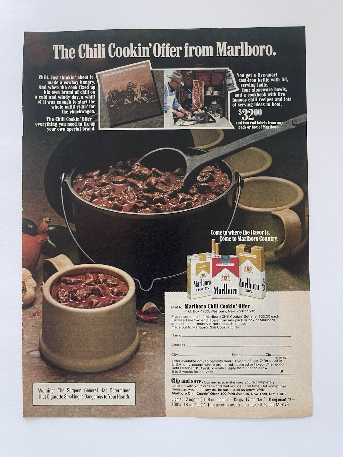 Marlboro Cigarettes 1979 Print Ad Chili Cookin’  Offer Advertisement