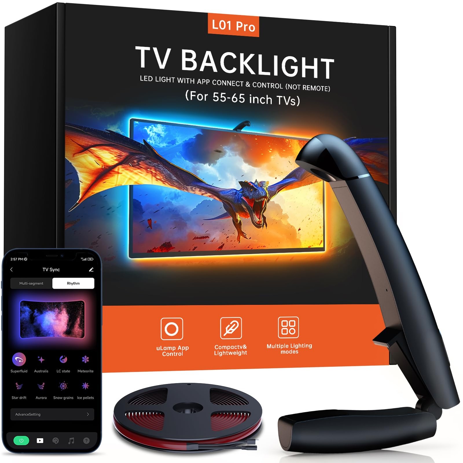 TV LED Backlight with Sensor 14.7ft Cuttable RGB Lights for 55-65 Inch Screen PC