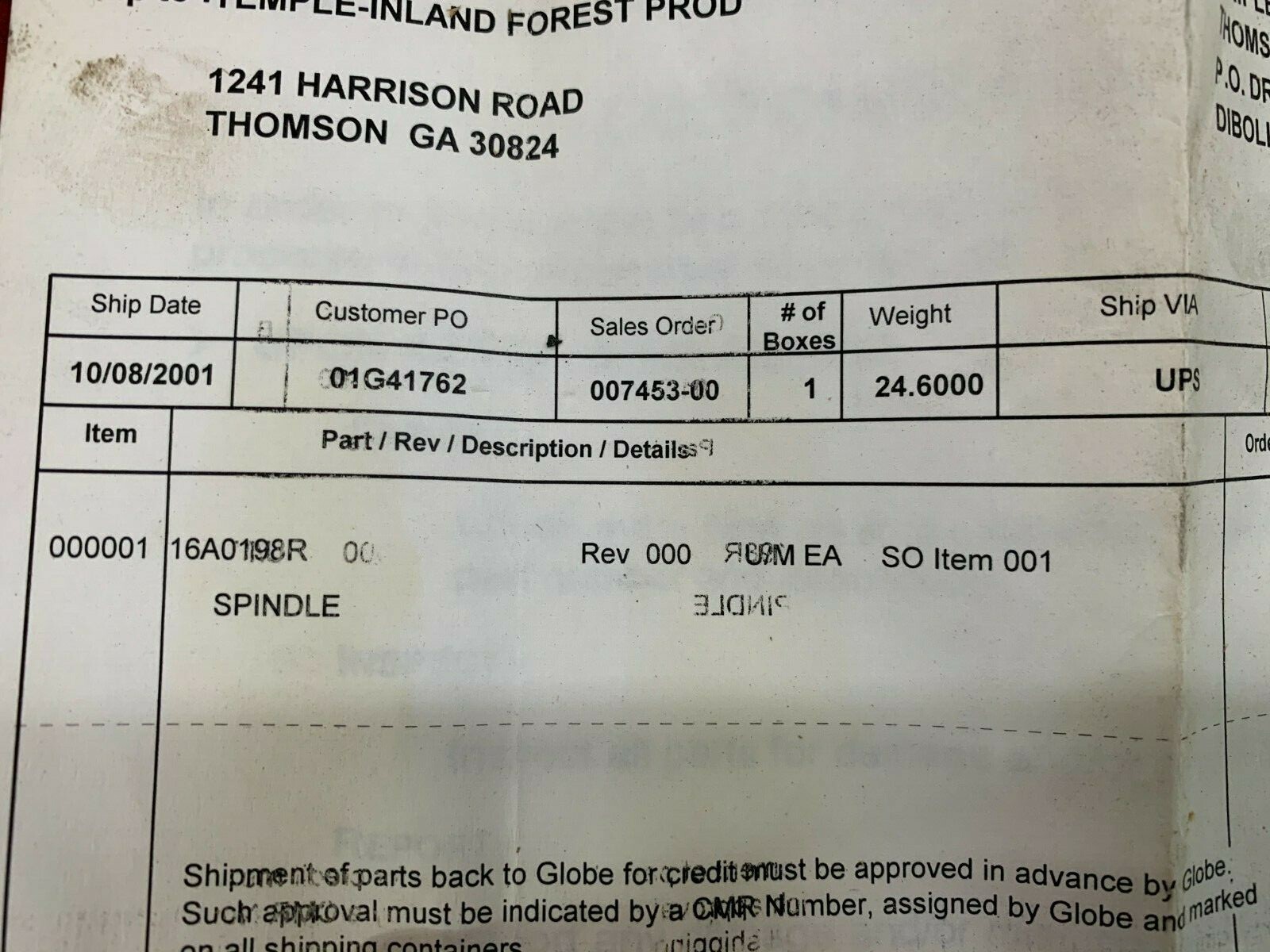 NEW GLOBE MACHINE SPINDLE 16A0198R