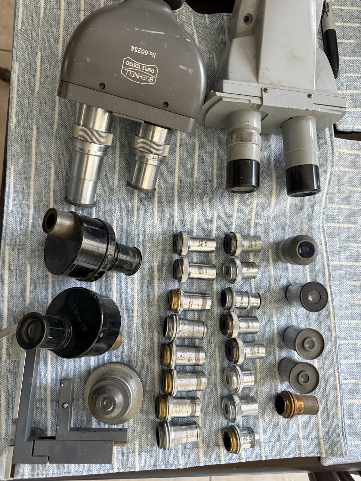 Box of Microscope parts.  Eyepieces, objectives.  Bushnell, B&L, AO