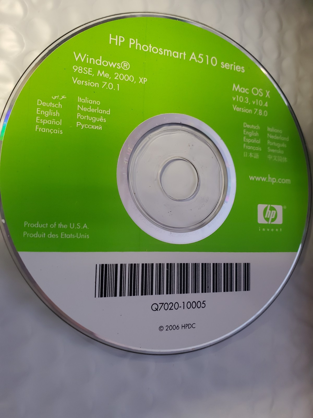 HP Photosmart A510 Series WINS VER. 7.0.1 MAC VER. 7.8.0/ SOFTWARE DISC ONLY